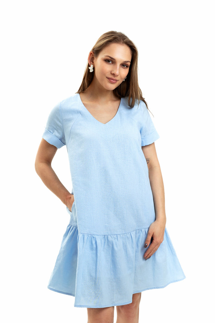 blue linen maternity dress